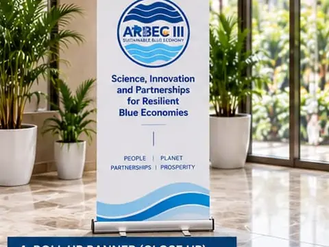 Close-up of the roll-up banner: the ARBEC III logo, Science, Innovation and Partnerships for Resilient Blue Economies, and People, Planet, Partnerships, Prosperity