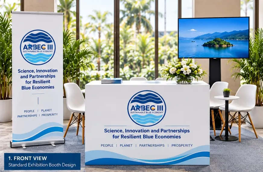Design of the standard ARBEC III booth from the front: a white counter with the ARBEC III logo and the conference theme over blue waves, a roll-up banner, a screen on a stand, plants and white chairs