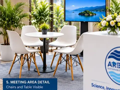 The meeting corner of the booth design: a round white table with four white chairs beside the counter and the screen