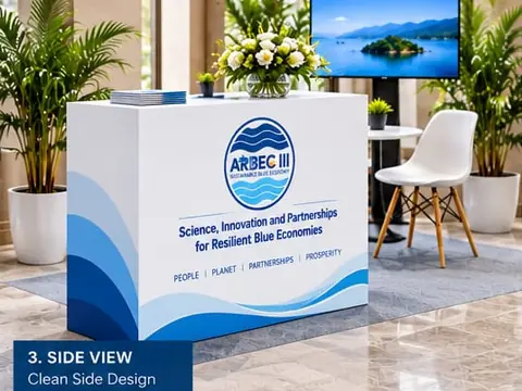 The branded counter seen from the side, its blue wave design running round the corner
